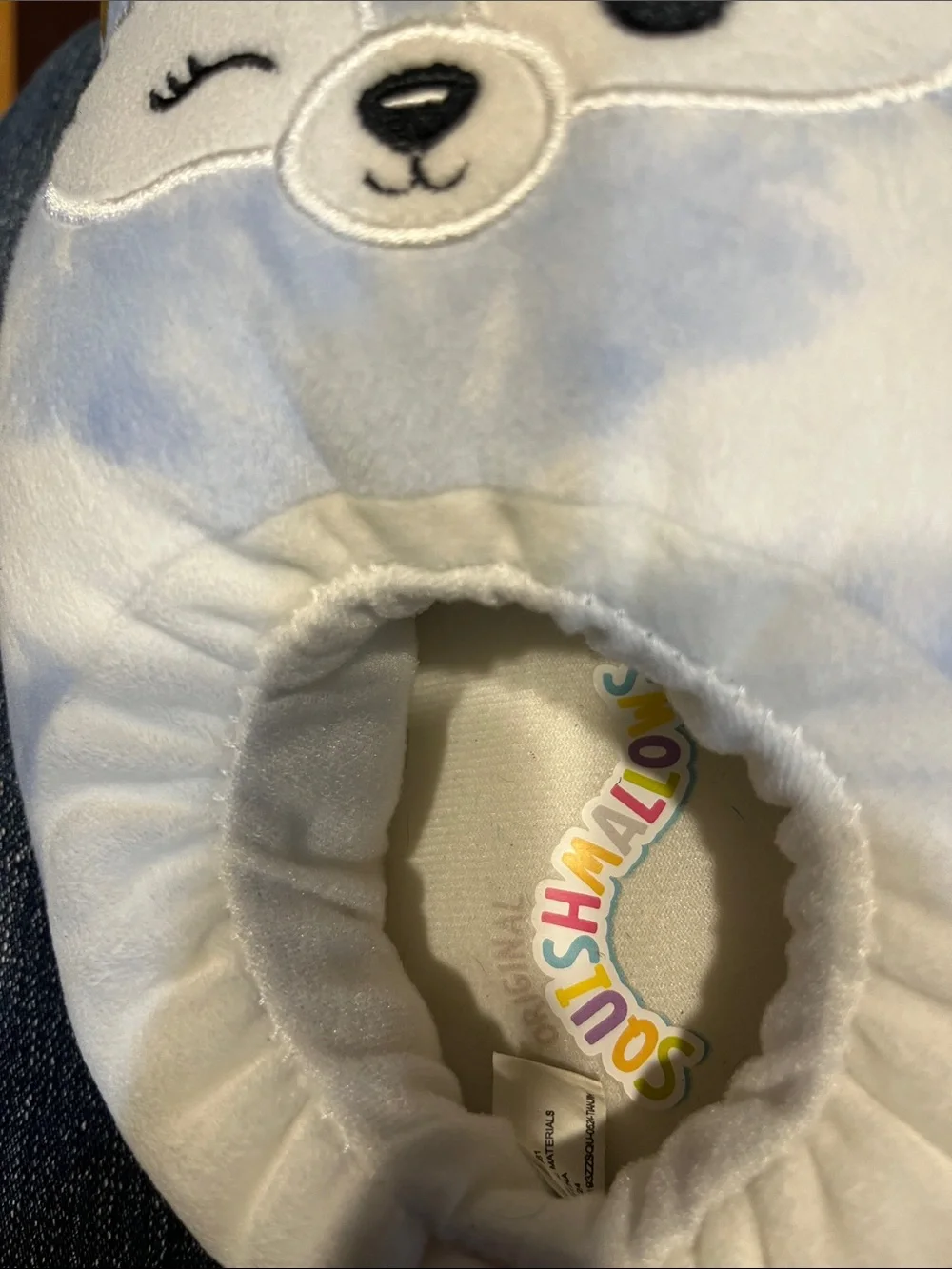 Winking Blue Plush Animal Slippers with Gold Ears